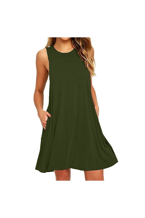 Spring Dresses for Women Green Above Knee Sleeveless Crew Neck Sun Dress Plus Size Summer Dresses