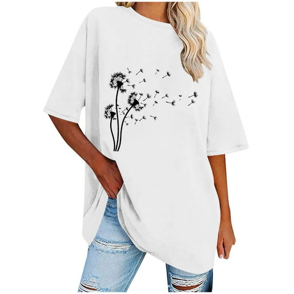 OKBOP Spring Tops for Women 2024 Short Sleeve White Crew Neck Floral Tunic Ladies Shirts Clearance