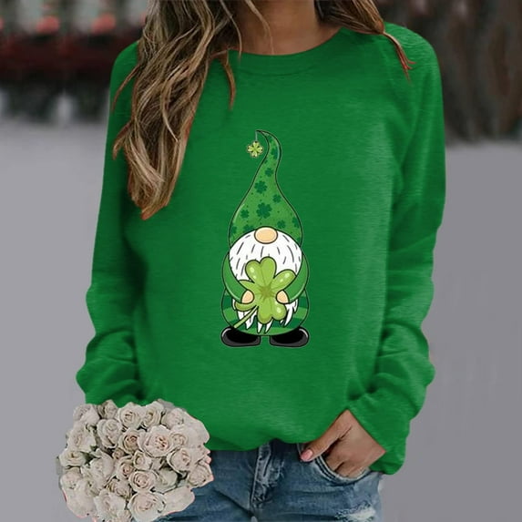 OKBOP St Patricks Day Shirt,Shamrock Print Long Sleeve Crew Neck Sweatshirt Women Tunic Tops For Women Loose Fit Blouse Green Xl