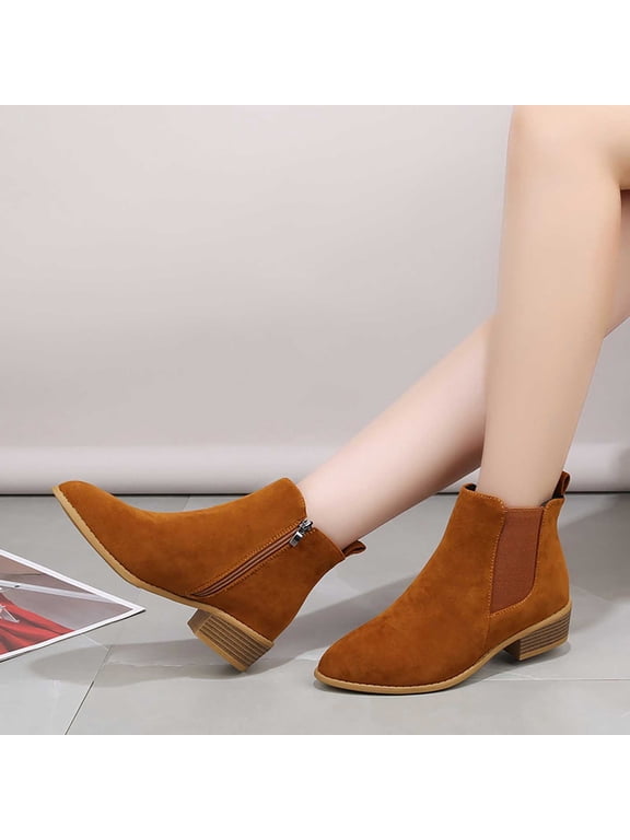 Stacked Womens Boots Zip-Up Classic Ankle-High Booties Faux Suede Boots 37 Brown