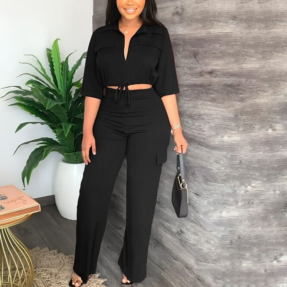 OKBOP Straight Cargo Sweatpants for Women Fall Wide Leg Retro High Waist Sweatpants Casual Drawstring Relaxed Fit Elastic Waist Two-Piece Set Pants