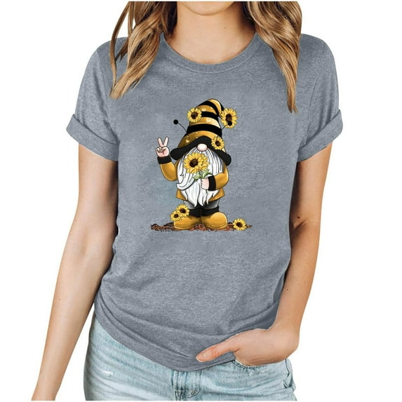 OKBOP Summer Tops for Women Gray Short Sleeve Bee Festival Graphic Crew Neck T-Shirts Womens Shirts
