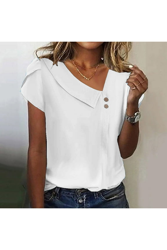 Summer Tops for Women Short Sleeve White V-Neck Solid Ruffle Sleeve T-Shirts Womens Shirts for Summer