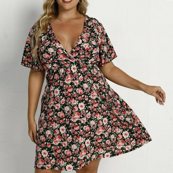 OKBOP Peplum Dresses for Women Women Plus Size Summer Casual Short Sleeve V Neck Printed Sleeve Dresses Loose Dress Line Dress Pink XXL(12)
