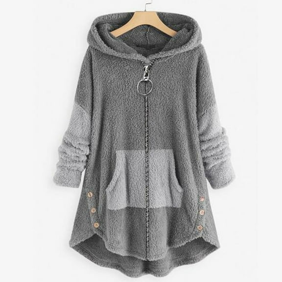 OKBOP Sweater for Women,Women Cozy Long Sleeve Color Block Fleece Hooded Fuzzy Asymmetrical Hem Zipper Pokets Teddy Bear Winter Coat Womens Cardigan