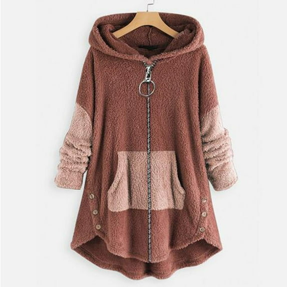 OKBOP Sweater for Women,Women Cozy Long Sleeve Color Block Fleece Hooded Fuzzy Asymmetrical Hem Zipper Pokets Teddy Bear Winter Coat Womens Cardigan