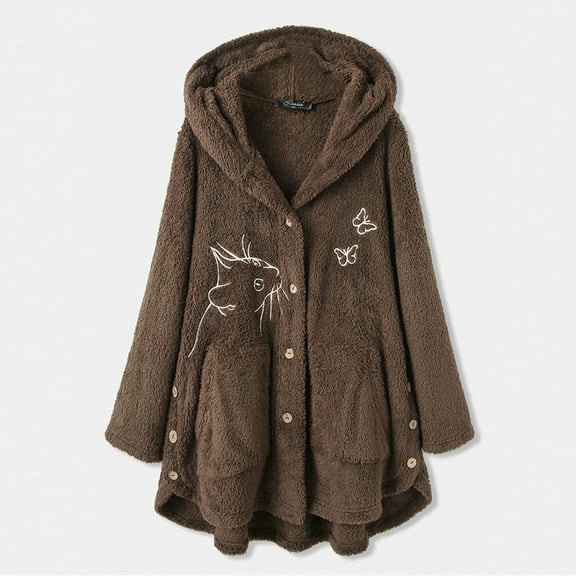 OKBOP Sweater for Women,Women Printed Button Plush Tops Hooded Loose Cardigan Wool Winter Coat Winter Jacket