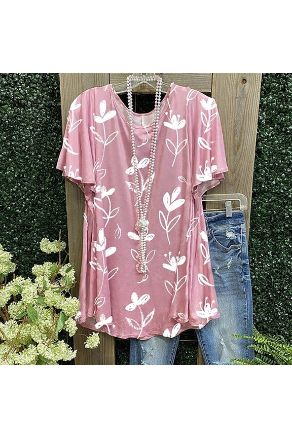 Tank Tops for Women Loose Fit,Ladies Casual Print Short Sleeve Pullover O-Neck Shirts Purple Blouses for Women Sweatshirt for Women