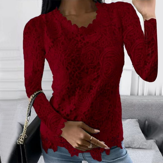 OKBOP Tops for Women-2023 Fall Solid Slim Lace Floral Shirts Crewneck Long Sleeve Tunic Tops Pullover