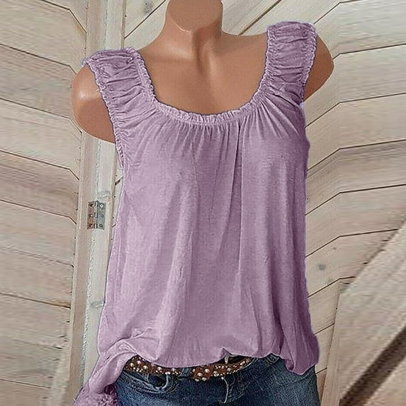 OKBOP Tops for Women Trendy Purple Sleeveless Pleated Crew Neck Solid Tank Top T-Shirts for Women