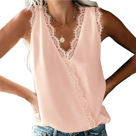 OKBOP V Neck Tops for Women,Ladies Solid Color Lace Cross V-Neck Sleeveless Chiffon Breathable Vest Plus Size Blouse Short Sleeve Shirts for Women