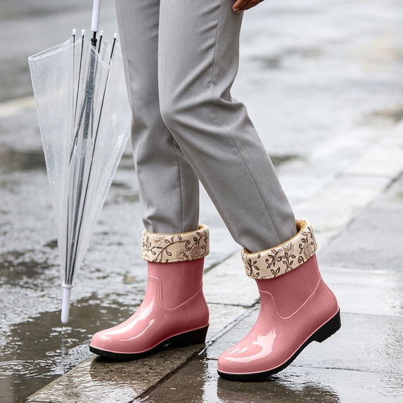 OKBOP Waterproof and Warm rain boots for women waterproof Ankle-High Winter Pull-On Waterproof Flat Heel
