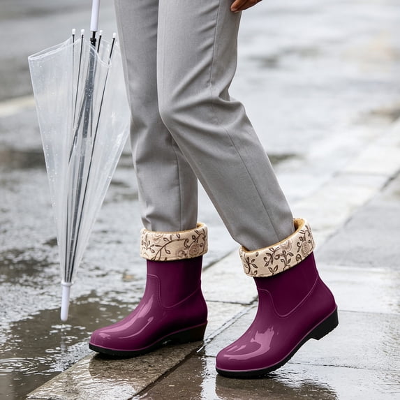 OKBOP Waterproof and Warm rain boots for women waterproof Pull-On Waterproof Ankle-High Winter Flat Heel