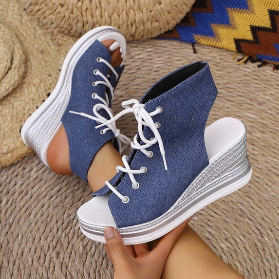 OKBOP Wedge Sandals for Women Open Toe Footbed Comfort Sandals Comfortable Lace-Up Casual Shoes