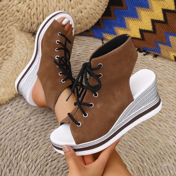 OKBOP Wedge Sandals for Women Open Toe Footbed Comfort Sandals Lace-Up Pool Casual Shoes