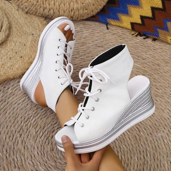 OKBOP Wedge Sandals for Women Open Toe Footbed Comfort Sandals Pool Casual Lace-Up Shoes