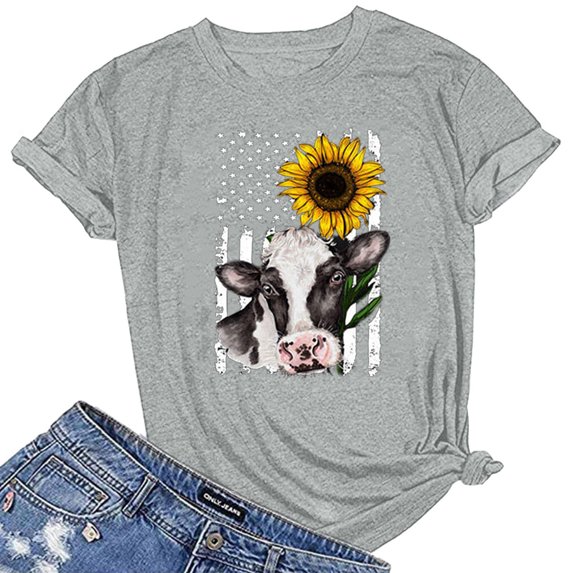 OKBOP White Tops For Women,Fashion Printed Round Neck Short Sleeve T-Shirt Loose Work Blouses For Women Black Dress Shirt