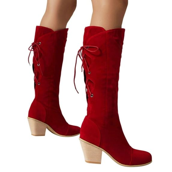 OKBOP Winter Boots for Women Knee High Christmas Lace Up Stacked Heel Boots Riding Wedge Pointed Toe Cowgirl Chunky Heel Shoes Red