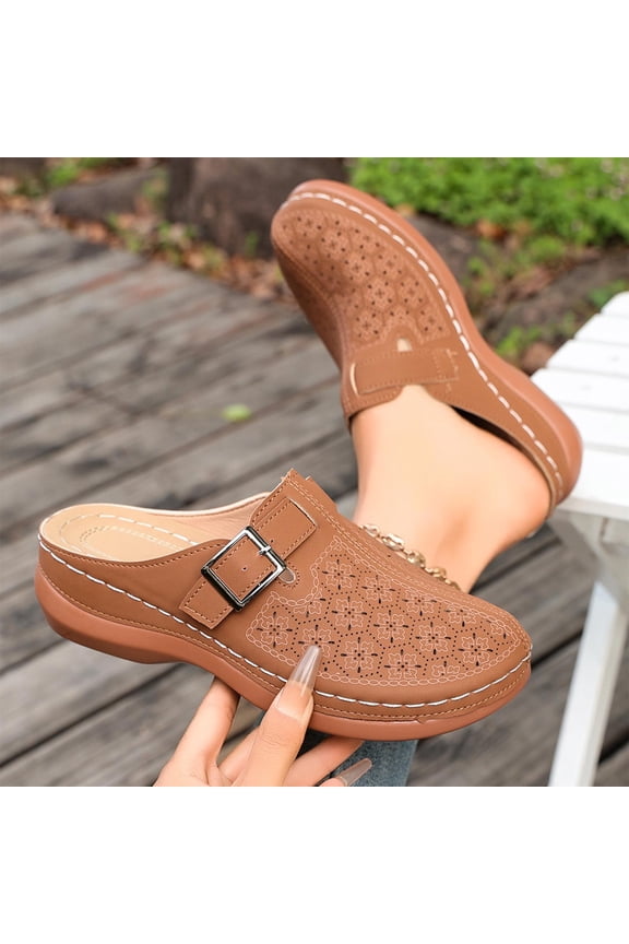 Women Closed Toe Buckle Slide Sandals Flat Arch Support Comfort Flat Heel Platform Shoes