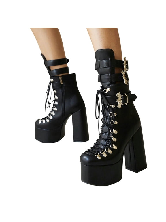 Women Gothic Platform Block Heel Ankle Boots, Bat Buckle Lace Up Punk Boots Sizes 35