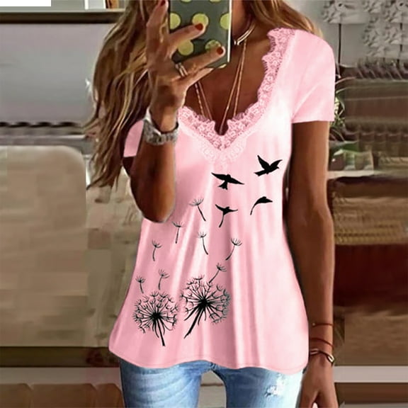 OKBOP Women'S Plus Size Tops,Fashion Summer V-Neck Lace Patchwork Short Sleeve Sexy Silk Blouse for Women Girls Sweatshirt