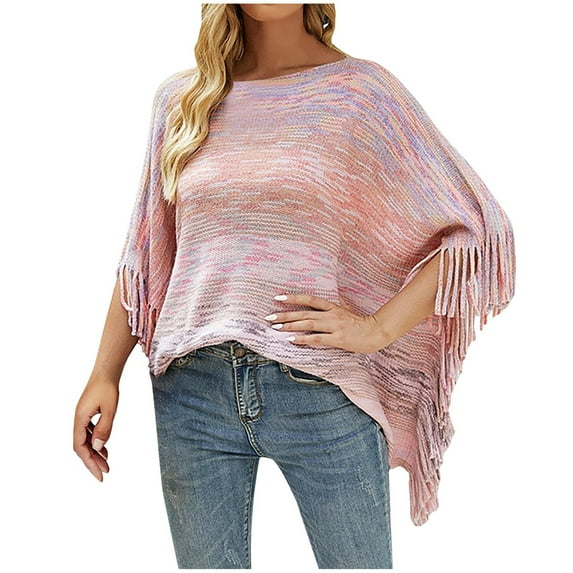 OKBOP Women'S Plus Size Tops,Plus Size Tassel Fringed Cloak Sweater Striped Fringe Satin Blouse Neon Shirt