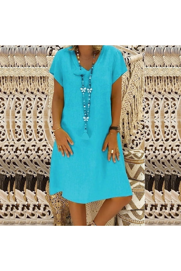 Women Sundresses Under $5 Fashion Women Loose V-Neck Summer Solid Short Sleeve Cotton And Linen Dress Sun Dress Dress Blue S 4
