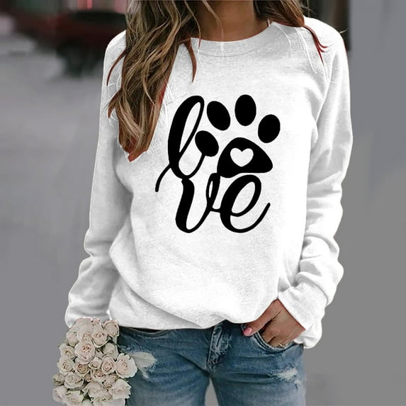 OKBOP Women Tops,Casual Long Sleeve Dog Paw Printing O-Neck Shirt Pullover Red Blouses For Women Sweatshirts For Women