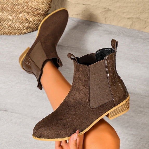 OKBOP Women's Chelsea Boots Elastic Gusset Pull-On Block Heel Round Toe Brown Stylish Women's Boots Sizes 41