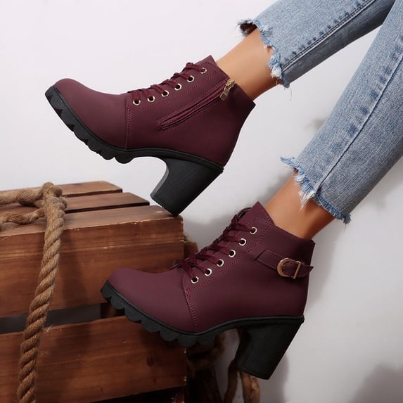 OKBOP Women's Chunky Ankle Boots Faux Suede Combat Lace-Up Ankle-High Winter
