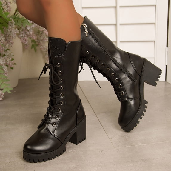 OKBOP Women's Combat Boots Lace Up Platform Mid Calf Lug Sole Motorcycle Boots