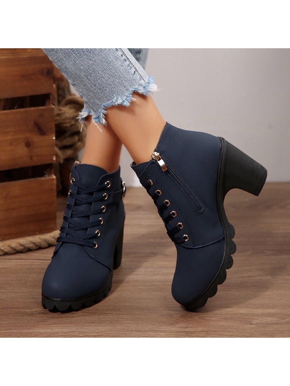 Women's Combat Boots Round Toe Lace-Up Slip-Resistant Chunky Heel Blue Stylish Women's Boots Sizes 38