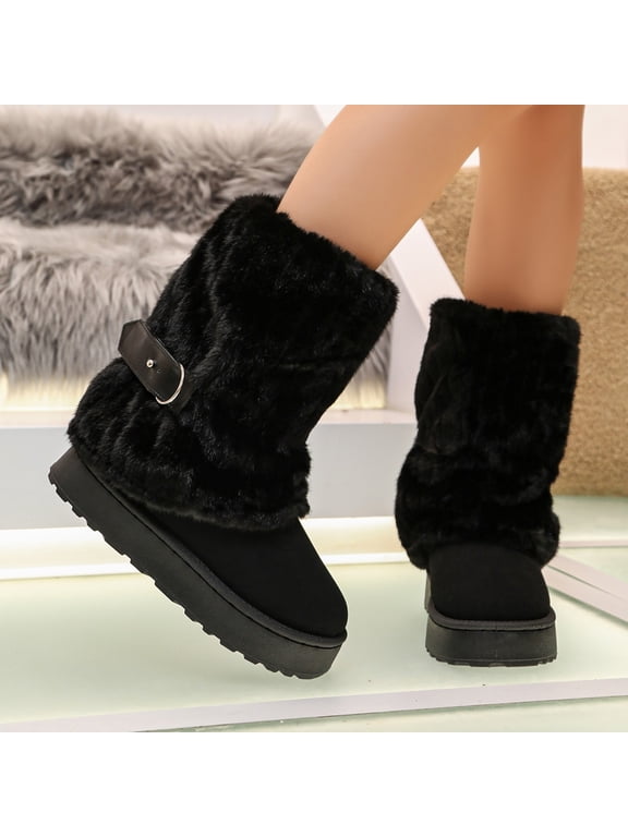 Women's Cozy Warm Booties Round Toe Pull-On Memory Foam Fur Trim Low Heel