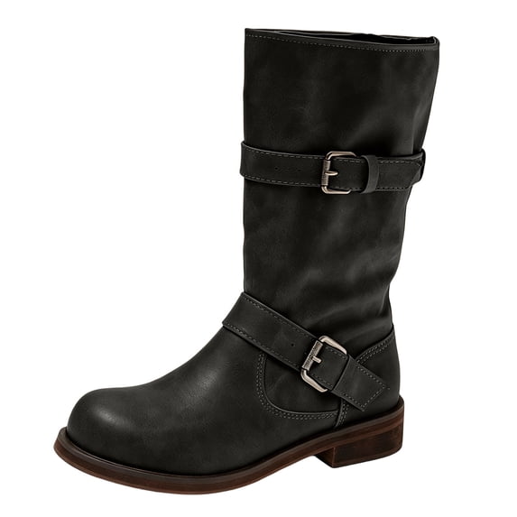 OKBOP Women's Distressed Faux Leather Mid-Calf Moto Boots, Dual Buckle Straps Pull-On Round Toe Block Low Heel Engineer Boots Boots Sizes 35