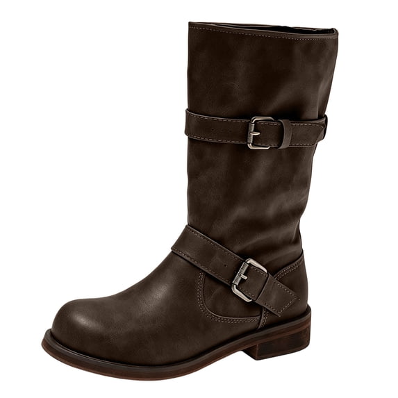 OKBOP Women's Distressed Faux Leather Mid-Calf Moto Boots, Dual Buckle Straps Pull-On Round Toe Block Low Heel Engineer Boots Coffee Boots Sizes 35