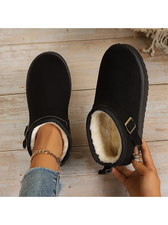 Women's Faux Fur Ankle Booties, Round Toe Low Heel Slip-On Boots