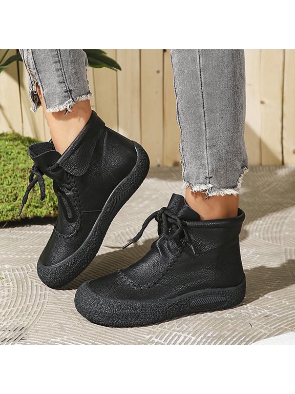 Women's Faux Leather Ankle Booties Lace Up Round Toe Hand Stitched Detail Textured Platform Sole Fashion Black Sizes 36