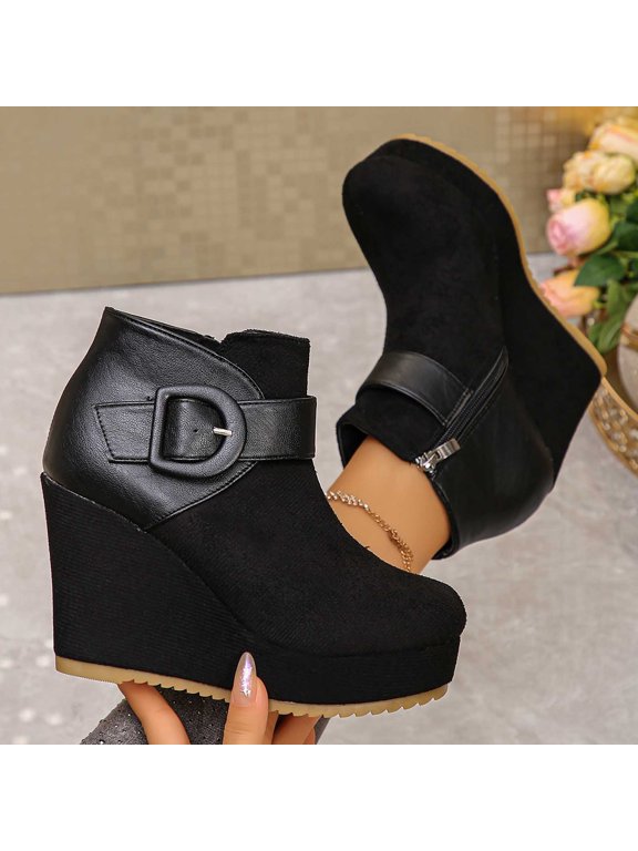 Women's Faux Leather Ankle Booties, Round Toe Wedge Heel