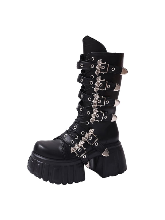 Women's Faux Leather Mid-Calf Moto Boots, Bat Buckle Straps Lace-Up Round Toe Block High Heel Platform Goth Boots Boots Sizes 38