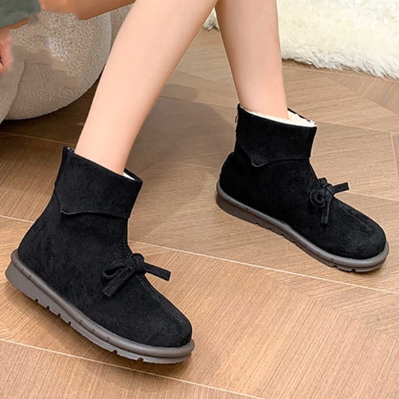 OKBOP Women's Faux Suede Ankle Booties Pull On Round Toe Front Bow ...