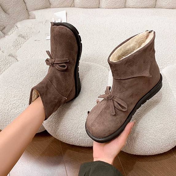 OKBOP Women's Faux Suede Ankle Booties Pull On Round Toe Front Bow ...