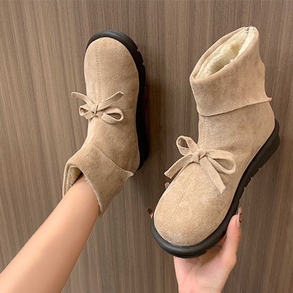 OKBOP Women's Faux Suede Ankle Booties Pull On Round Toe Front Bow ...