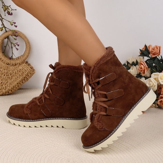 OKBOP Women's Faux Suede Lace Up Ankle Booties Round Toe Faux Fur Lined ...