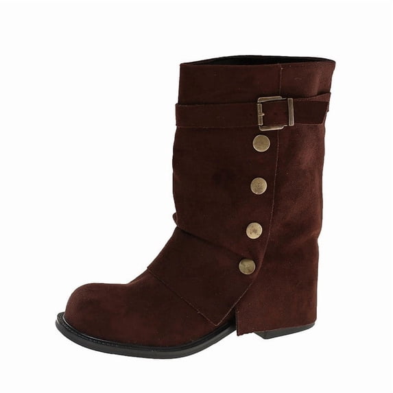 OKBOP Women's Faux-Suede Mid-Calf Slouch Boots, Fold-Over Shaft Studs Buckle Pull-On Round Toe Block Low Heel Boots Boots Sizes 38