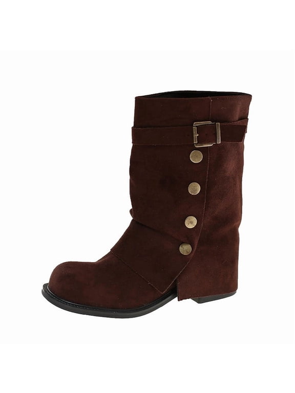 Women's Faux-Suede Mid-Calf Slouch Boots, Fold-Over Shaft Studs Buckle Pull-On Round Toe Block Low Heel Boots Boots Sizes 38