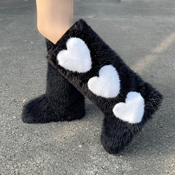 OKBOP Women's Furry Heart Boots Plush Knee High Fluffy Winter Party Shoes