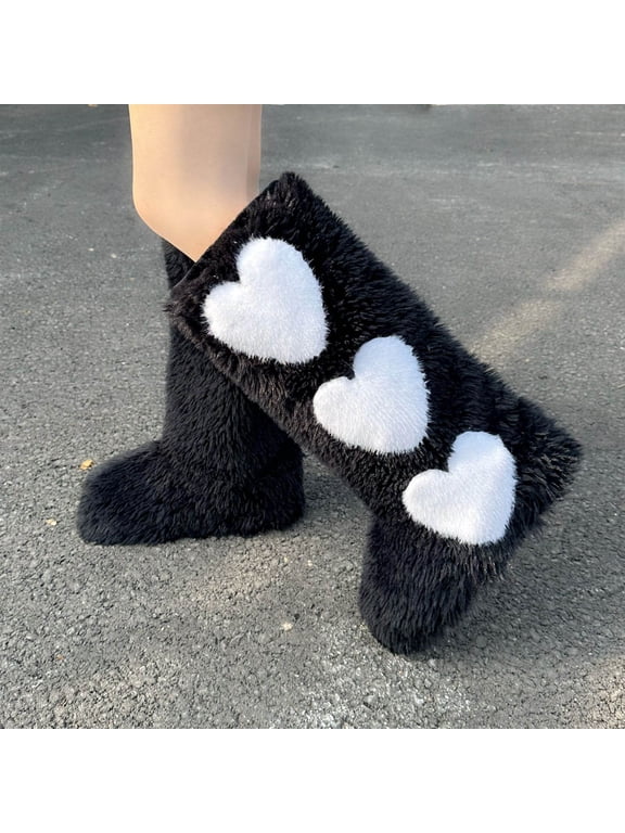 Women's Furry Heart Boots Plush Knee High Fluffy Winter Party Shoes