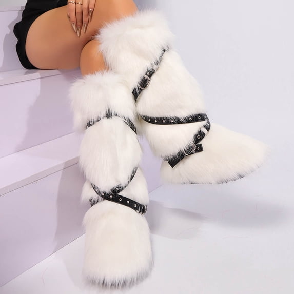 OKBOP Women's Furry Pink Boots Faux Fur Fluffy Mid Calf Tie Strap Winter Shoes