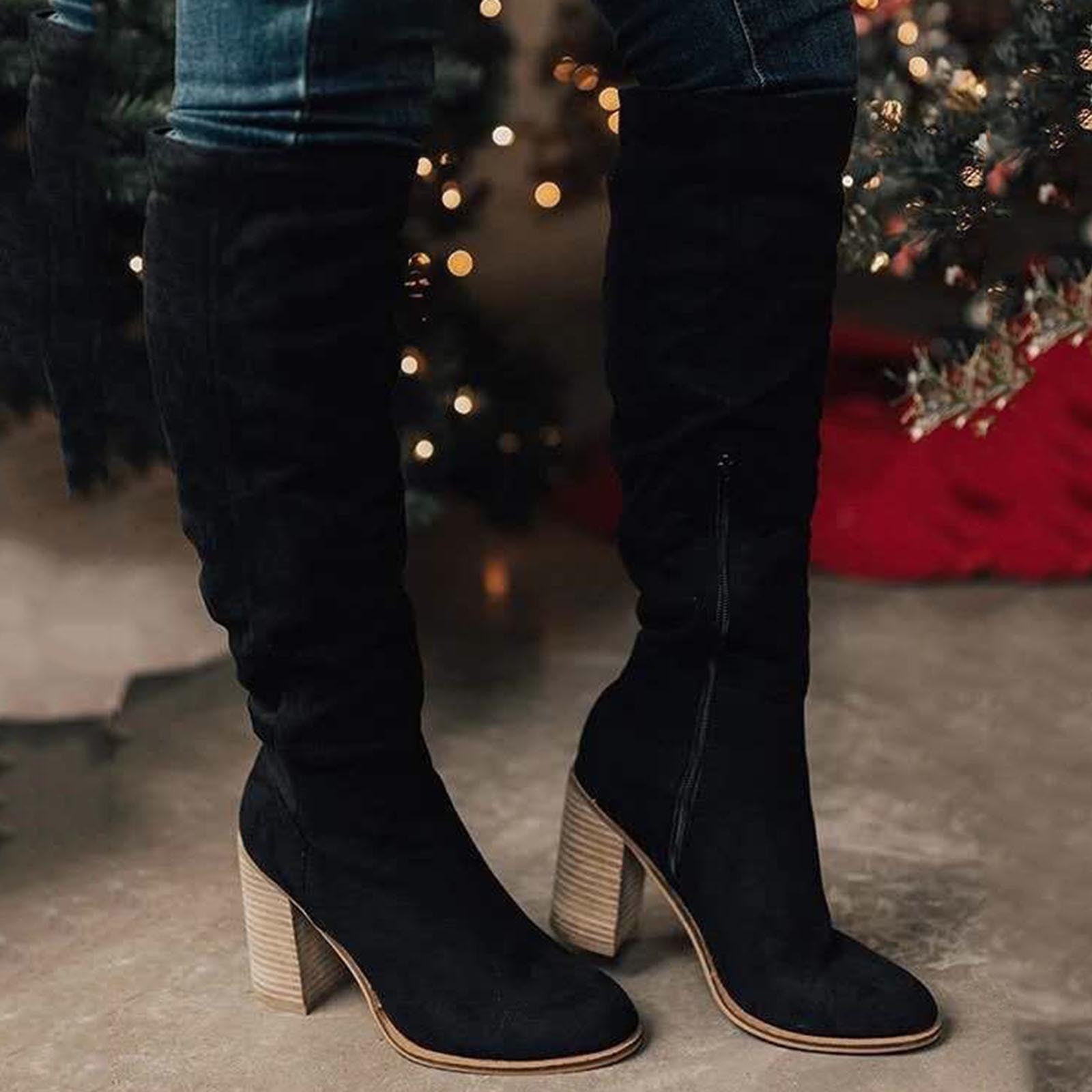 OKBOP Women's High-Heels Mid Calf Boots-Christmas Cowboy Zipper Red ...