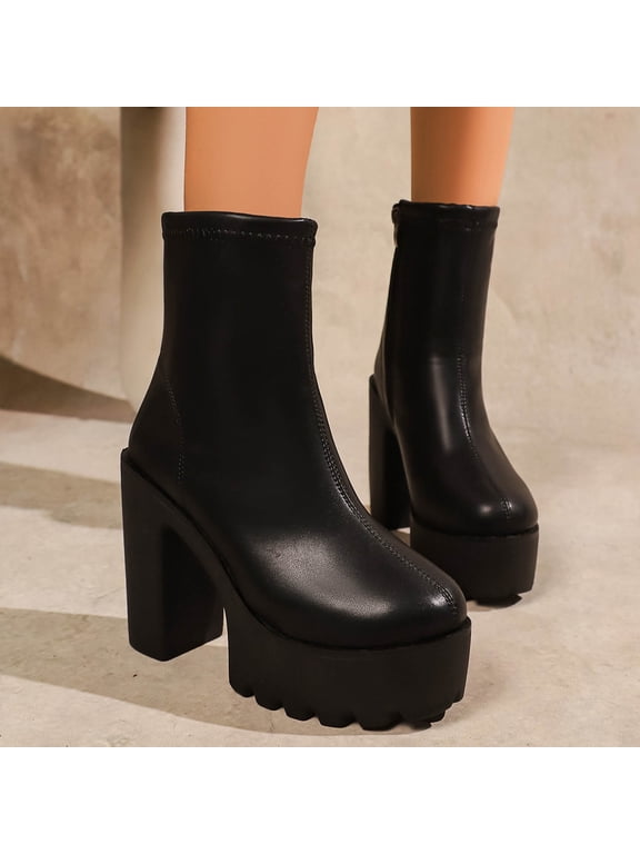 Women's High Platform Boots Slip On Chunky Heel Round Toe Ankle Booties